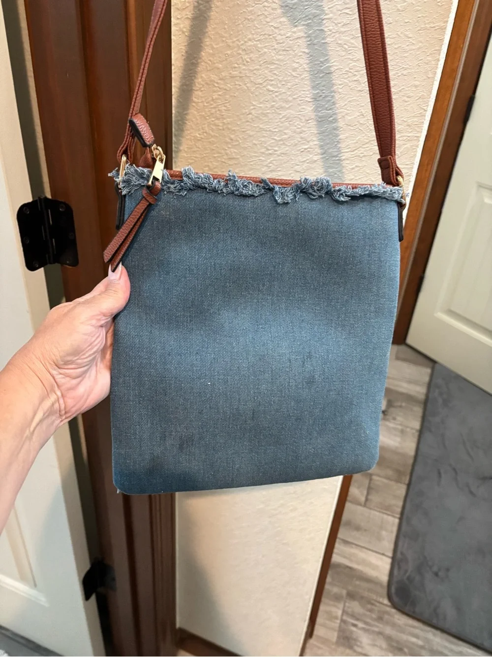 Cato Denim Crossbody Bag with Brown Trim